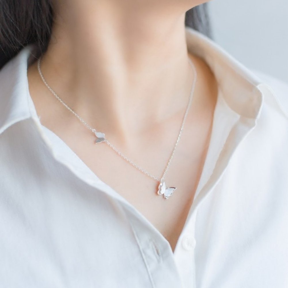 NEW 925 Sterling Silver Double Butterfly Necklace - Picture 3 of 6